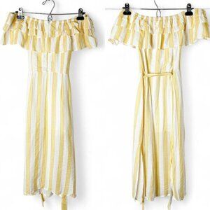 Essue Off the shoulders Ruffles Midi Dress Striped Yellow Boho Chic Small